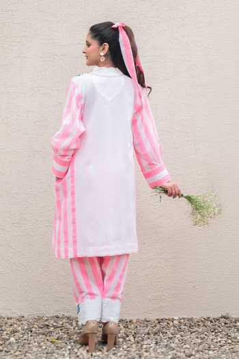 Shop_Daljit Sudan_Pink Cotton Embroidery V-neck Striped Phiran Kurta And Salwar Set _at_Aza_Fashions
