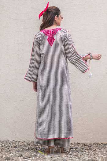Shop_Daljit Sudan_Pink Cotton Embroidery Split V-neck, Yes Grey Stripes Kurta And Pant Set _at_Aza_Fashions