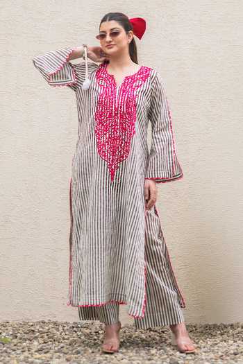 Buy_Daljit Sudan_Pink Cotton Embroidery Split V-neck, Yes Grey Stripes Kurta And Pant Set _at_Aza_Fashions