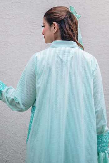 Buy_Daljit Sudan_Teal Cotton Embroidery Split V-neck Light Striped Phiran Kurta Set _Online_at_Aza_Fashions