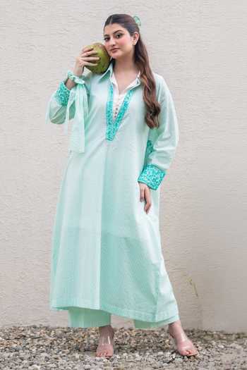 Buy_Daljit Sudan_Teal Cotton Embroidery Split V-neck Light Striped Phiran Kurta Set _at_Aza_Fashions