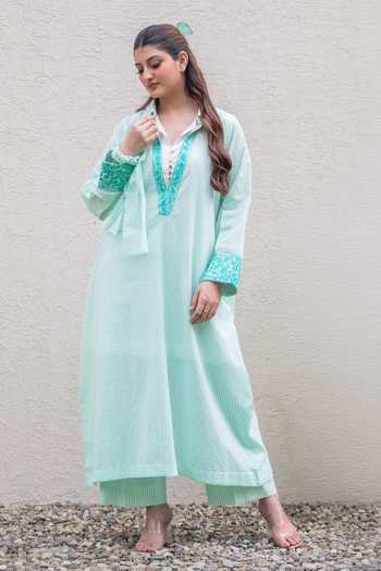 Shop_Daljit Sudan_Teal Cotton Embroidery Split V-neck Light Striped Phiran Kurta Set _Online_at_Aza_Fashions
