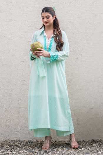 Shop_Daljit Sudan_Teal Cotton Embroidery Split V-neck Light Striped Phiran Kurta Set 