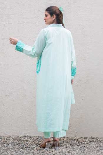 Shop_Daljit Sudan_Teal Cotton Embroidery Split V-neck Light Striped Phiran Kurta Set _at_Aza_Fashions