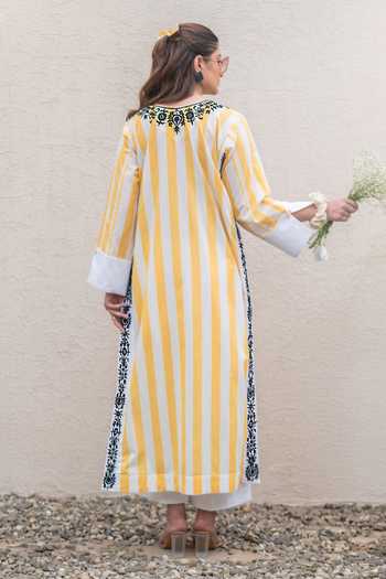 Shop_Daljit Sudan_Yellow Cotton Embroidery Split V-neck Striped Kurta And Pant Set _at_Aza_Fashions