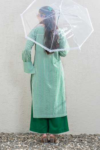 Shop_Daljit Sudan_Green Cotton Embroidery Square Neck, Yes Dark Striped Kurta And Pant Set _at_Aza_Fashions
