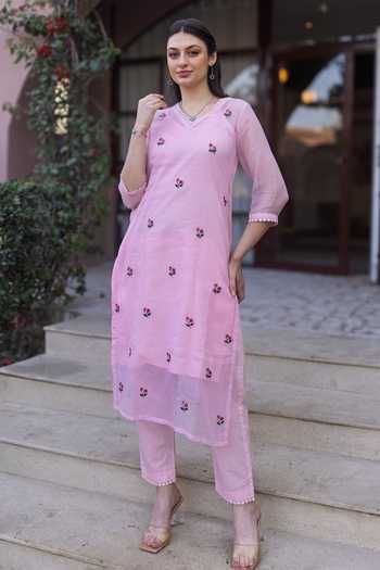Buy_ASRUMO_Pink Cotton, Doriya Embroidery V-neck Kurta Set _Online_at_Aza_Fashions