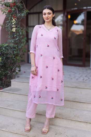 Shop_ASRUMO_Pink Cotton, Doriya Embroidery V-neck Kurta Set _Online_at_Aza_Fashions