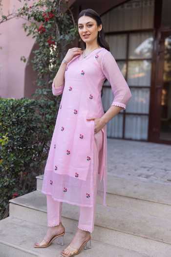 ASRUMO_Pink Cotton, Doriya Embroidery V-neck Kurta Set _at_Aza_Fashions