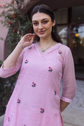 Shop_ASRUMO_Pink Cotton, Doriya Embroidery V-neck Kurta Set 