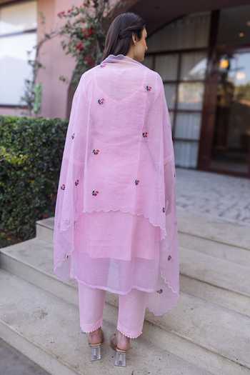 Shop_ASRUMO_Pink Cotton, Doriya Embroidery V-neck Kurta Set _at_Aza_Fashions