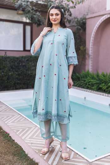 Buy_ASRUMO_Blue Cotton Machine Embroidery V-neck Heart Kurta And Pant Set _Online_at_Aza_Fashions