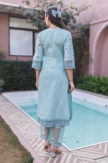 Shop_ASRUMO_Blue Cotton Machine Embroidery V-neck Heart Kurta And Pant Set _at_Aza_Fashions
