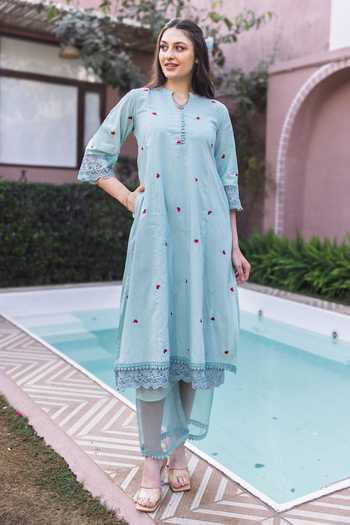 Buy_ASRUMO_Blue Cotton Machine Embroidery V-neck Heart Kurta And Pant Set _at_Aza_Fashions