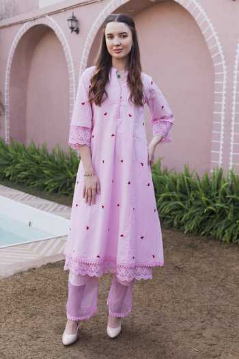 Shop_ASRUMO_Pink Cotton Embroidery Mandarin Collar Heart Straight Kurta Set _at_Aza_Fashions