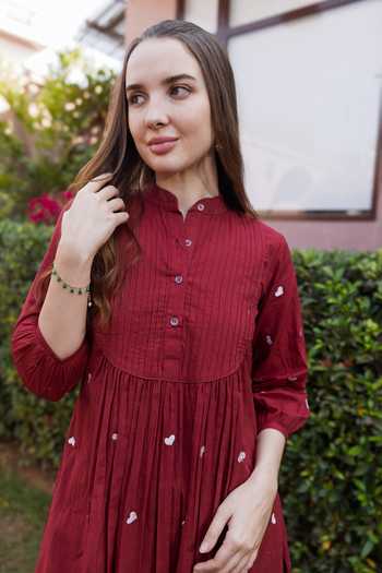ASRUMO_Maroon Cotton Embroidery Mandarin Collar, Yes Scattered Kurta Set _Online_at_Aza_Fashions