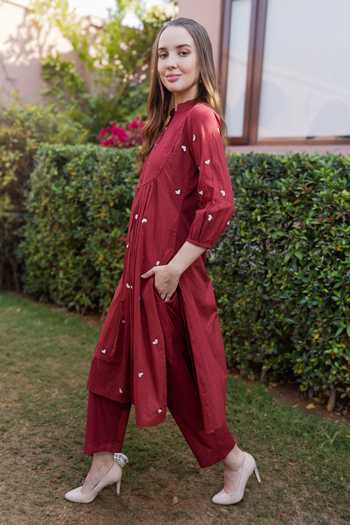 Shop_ASRUMO_Maroon Cotton Embroidery Mandarin Collar, Yes Scattered Kurta Set _Online_at_Aza_Fashions