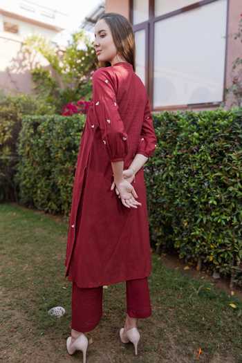 Shop_ASRUMO_Maroon Cotton Embroidery Mandarin Collar, Yes Scattered Kurta Set _at_Aza_Fashions