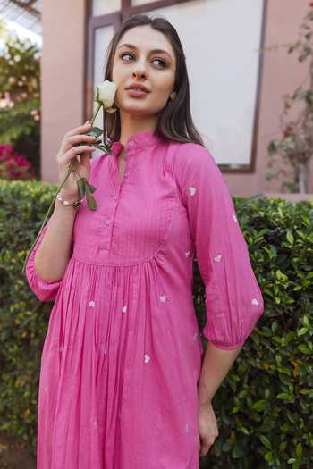 ASRUMO_Pink Cotton Embroidery Mandarin Collar, Yes Heart Kurta Set _Online_at_Aza_Fashions