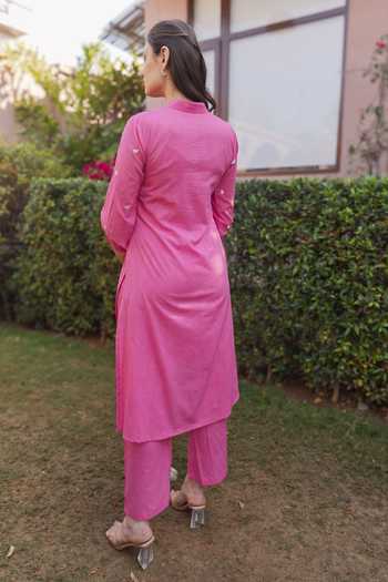 Shop_ASRUMO_Pink Cotton Embroidery Mandarin Collar, Yes Heart Kurta Set _at_Aza_Fashions