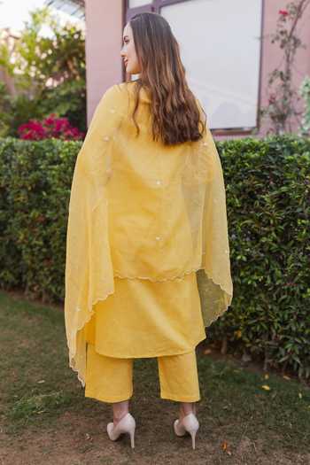 Shop_ASRUMO_Yellow Cotton Embroidery Mandarin Collar, Yes Straight Kurta Set _at_Aza_Fashions