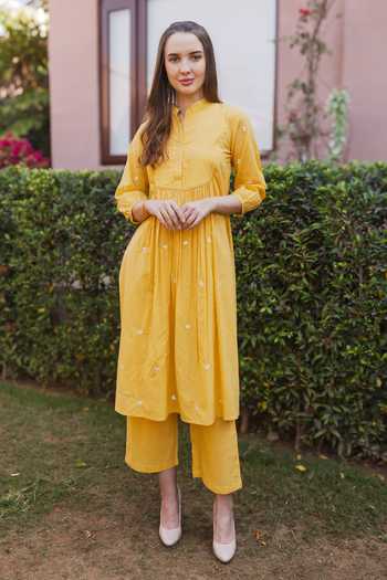 ASRUMO_Yellow Cotton Embroidery Mandarin Collar, Yes Straight Kurta Set _at_Aza_Fashions