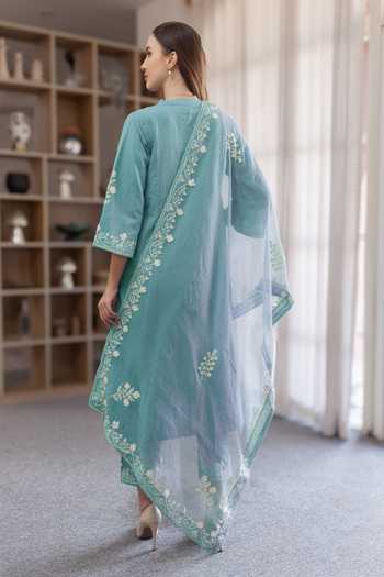 Shop_ASRUMO_Blue Linen Embroidery V-neck, Yes Straight Kurta Set _at_Aza_Fashions