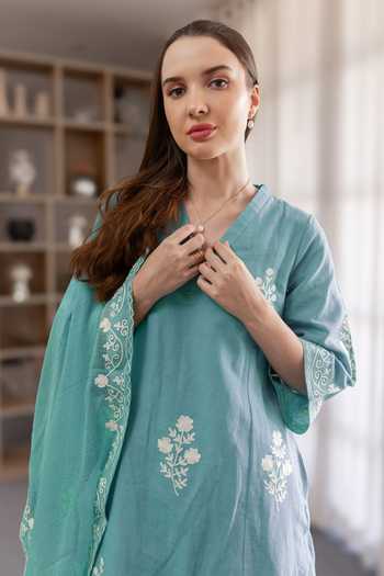Shop_ASRUMO_Blue Linen Embroidery V-neck, Yes Straight Kurta Set _Online_at_Aza_Fashions