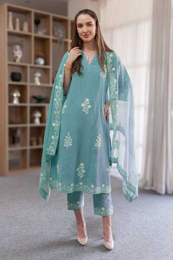 ASRUMO_Blue Linen Embroidery V-neck, Yes Straight Kurta Set _at_Aza_Fashions