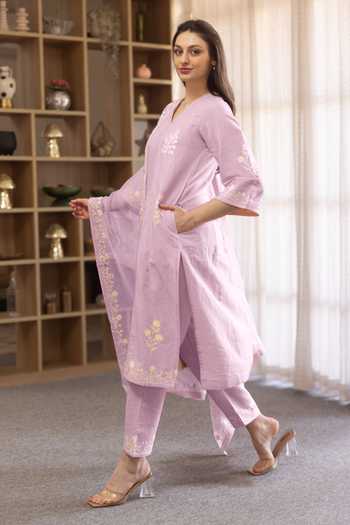 Shop_ASRUMO_Pink Linen Embroidery V-neck Straight Kurta And Pant Set W _Online_at_Aza_Fashions