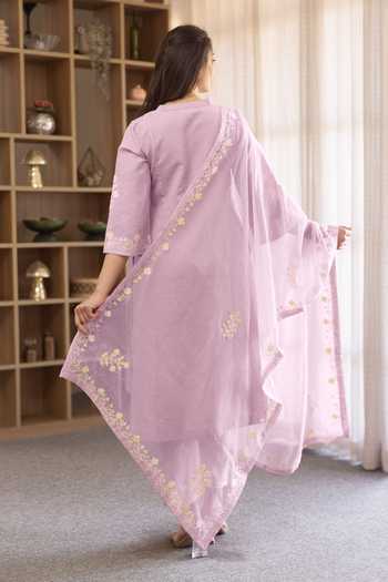 Shop_ASRUMO_Pink Linen Embroidery V-neck Straight Kurta And Pant Set W _at_Aza_Fashions