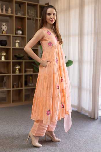 ASRUMO_Peach Cotton, Voile Embroidery V-neck, Yes Kurta Set _Online_at_Aza_Fashions