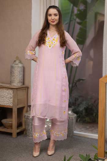 ASRUMO_Pink Viscose Embroidery V-neck, Yes Hand Kurta Set _Online_at_Aza_Fashions