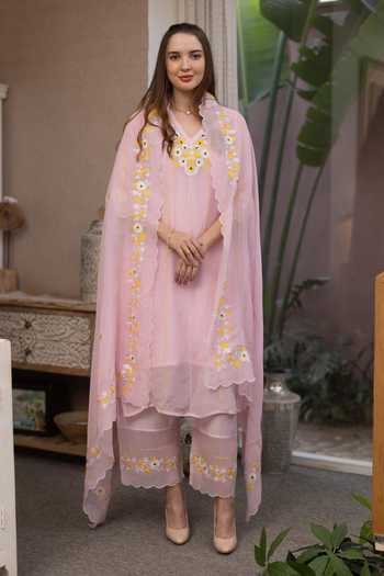 Buy_ASRUMO_Pink Viscose Embroidery V-neck, Yes Hand Kurta Set _at_Aza_Fashions