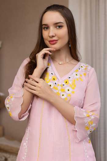 Buy_ASRUMO_Pink Viscose Embroidery V-neck, Yes Hand Kurta Set _Online_at_Aza_Fashions