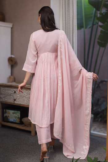 Shop_ASRUMO_Pink Chanderi Embroidery V-neck Mul Kurta Set _at_Aza_Fashions