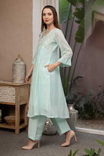 Shop_ASRUMO_Green Chanderi Embroidery, V-neck, Yes Mul Kurta Set _Online_at_Aza_Fashions
