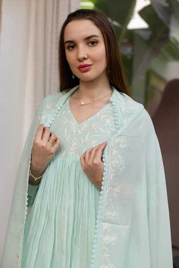 ASRUMO_Green Chanderi Embroidery, V-neck, Yes Mul Kurta Set _at_Aza_Fashions