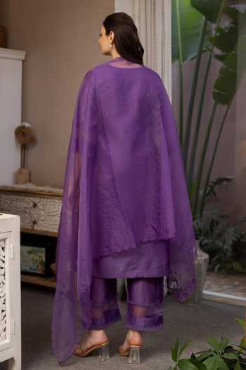 Shop_ASRUMO_Purple Chanderi Embroidery V-neck Straight Kurta Set _at_Aza_Fashions