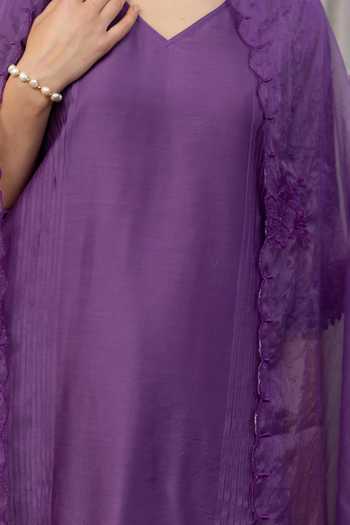 ASRUMO_Purple Chanderi Embroidery V-neck Straight Kurta Set _Online_at_Aza_Fashions