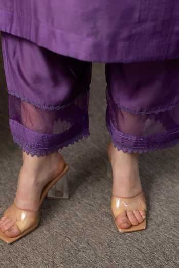 Buy_ASRUMO_Purple Chanderi Embroidery V-neck Straight Kurta Set _Online_at_Aza_Fashions