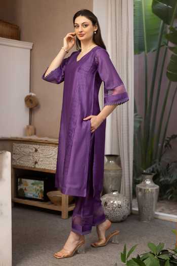 ASRUMO_Purple Chanderi Embroidery V-neck Straight Kurta Set _at_Aza_Fashions