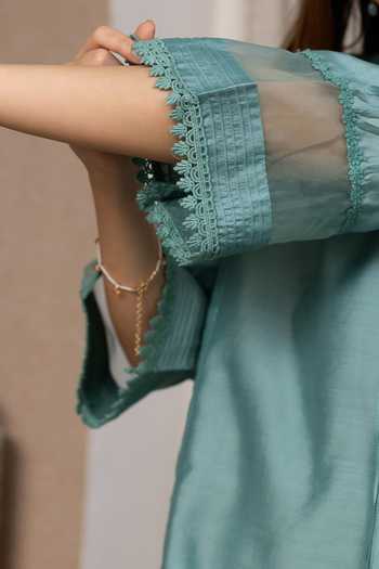 ASRUMO_Green Chanderi Embroidery V-neck, Yes Straight Kurta Set _Online_at_Aza_Fashions