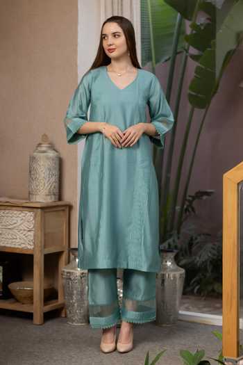 Buy_ASRUMO_Green Chanderi Embroidery V-neck, Yes Straight Kurta Set _Online_at_Aza_Fashions