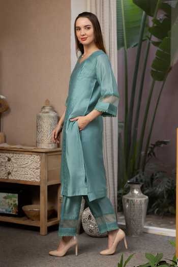 Shop_ASRUMO_Green Chanderi Embroidery V-neck, Yes Straight Kurta Set _Online_at_Aza_Fashions
