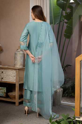 Shop_ASRUMO_Green Chanderi Embroidery V-neck, Yes Straight Kurta Set _at_Aza_Fashions
