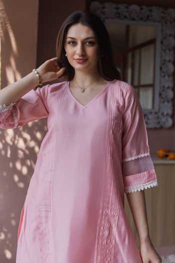 ASRUMO_Pink Chanderi Embroidery V-neck Lace Trimmed Kurta Set _Online_at_Aza_Fashions
