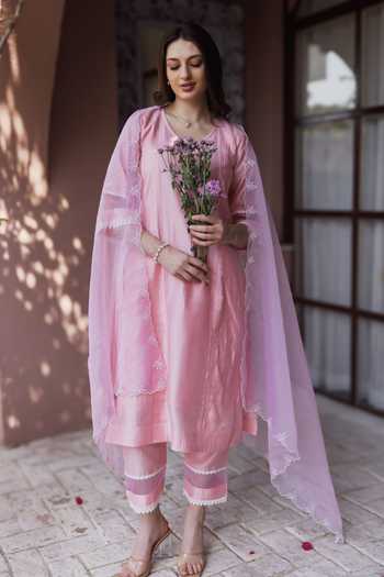 Buy_ASRUMO_Pink Chanderi Embroidery V-neck Lace Trimmed Kurta Set _Online_at_Aza_Fashions