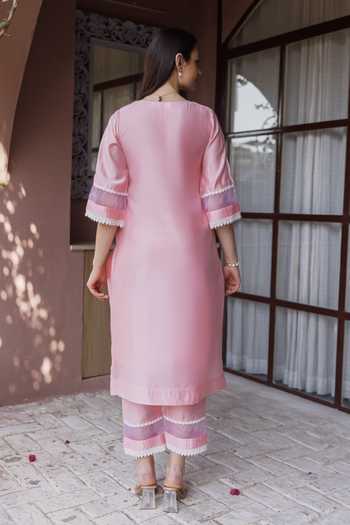 Shop_ASRUMO_Pink Chanderi Embroidery V-neck Lace Trimmed Kurta Set _at_Aza_Fashions