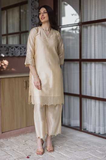 ASRUMO_Gold Chanderi, Organza Embroidery V-neck, Yes Straight Kurta Set _at_Aza_Fashions